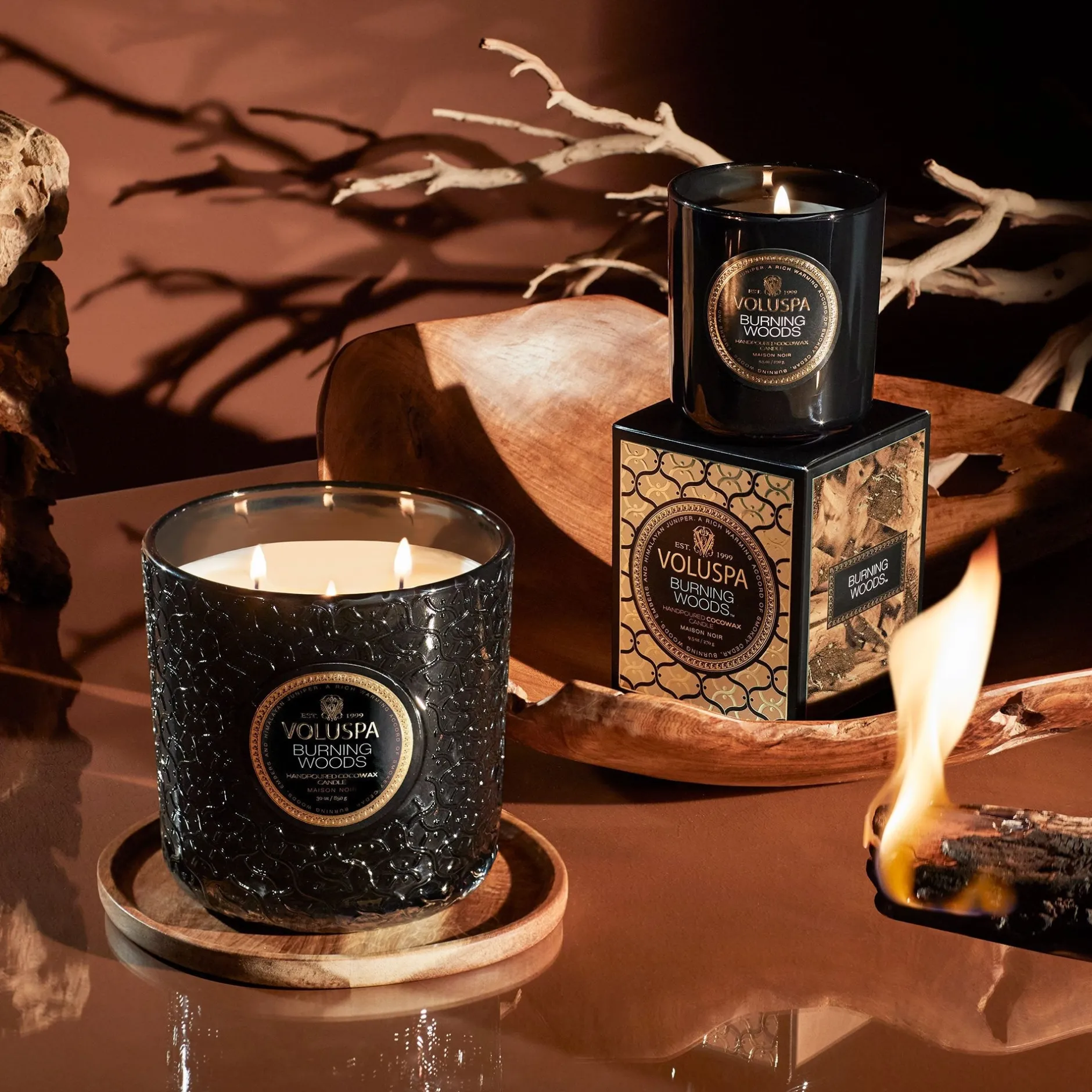 Voluspa 3 Wick Hearths + Luxe|Burning Woods