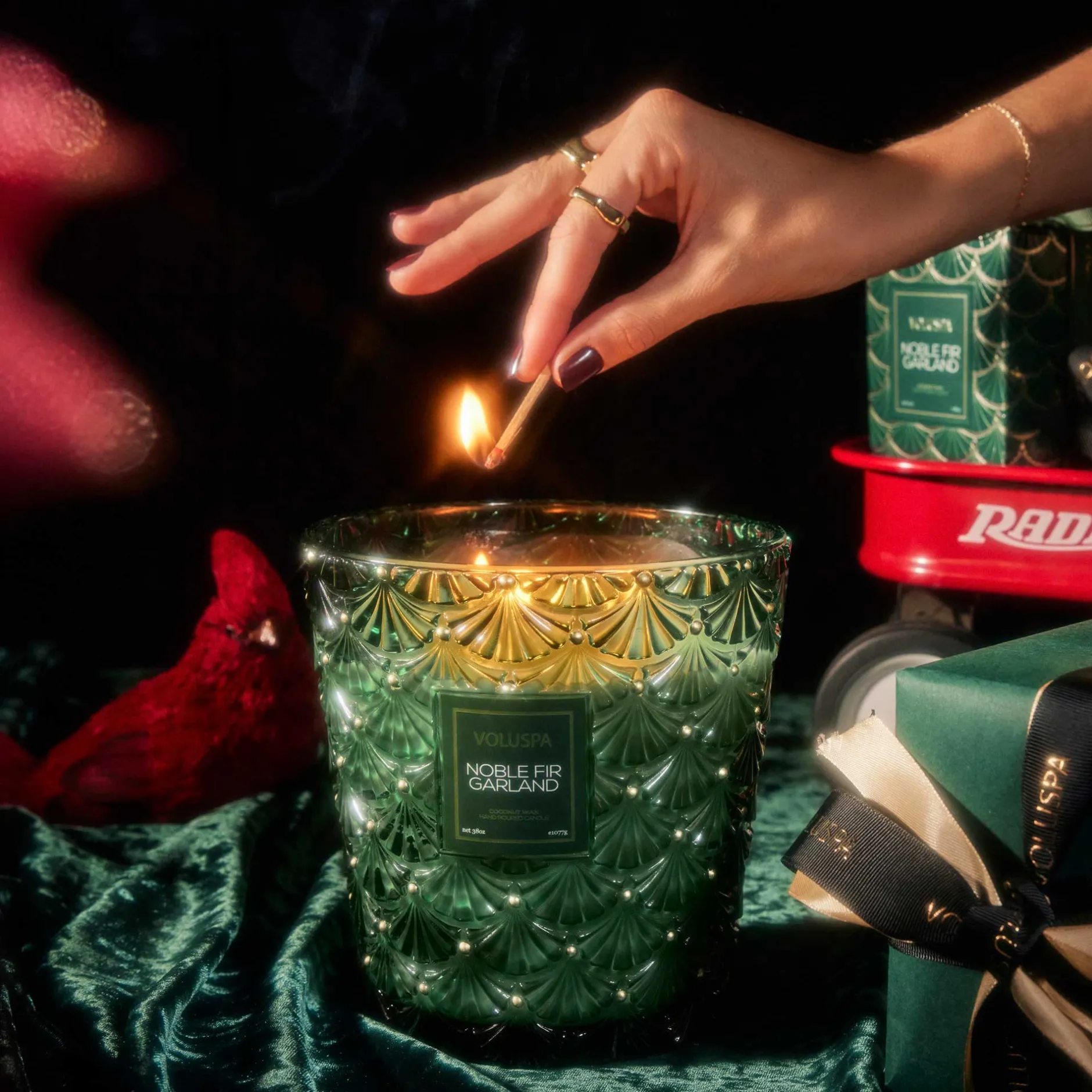 Voluspa 3 Wick Hearths + Luxe|Noble Fir Garland|Noble Fir Garland